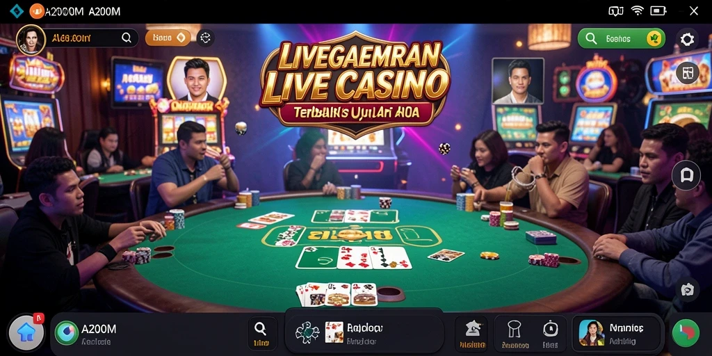 Screenshot A200M menampilkan dealer langsung dan suasana permainan seru.