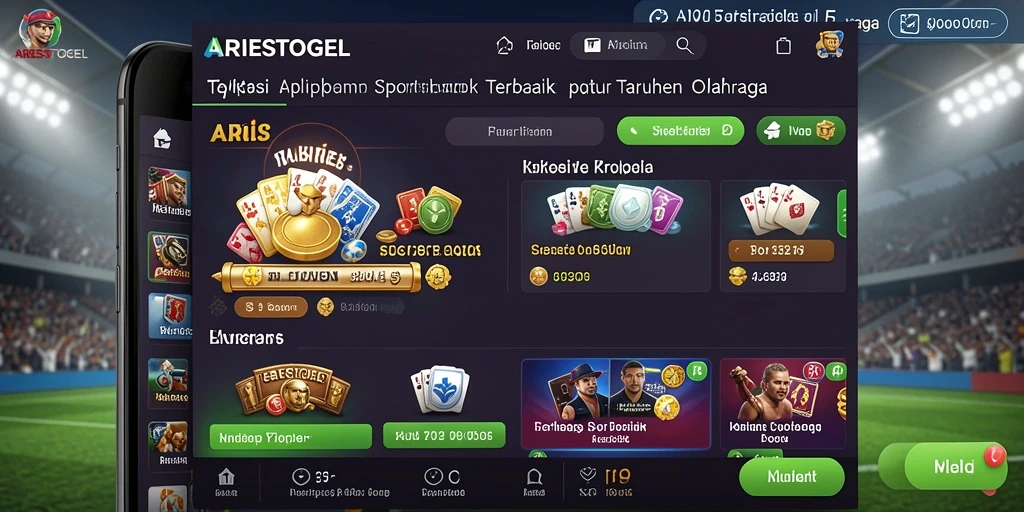 Menampilkan tampilan aplikasi ARIESTOGEL dengan fitur taruhan olahraga yang menarik.