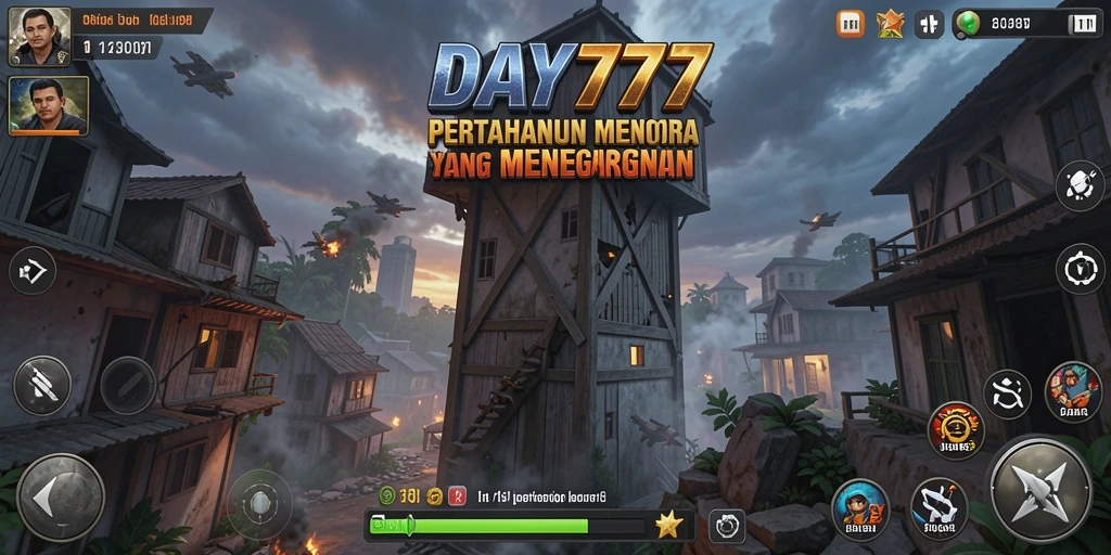Tangkapan layar gameplay DAY777 menampilkan pertahanan menara yang epik.