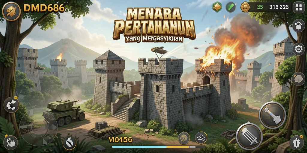 Screenshot menampilkan serangan menara melawan gelombang musuh di DMD686.