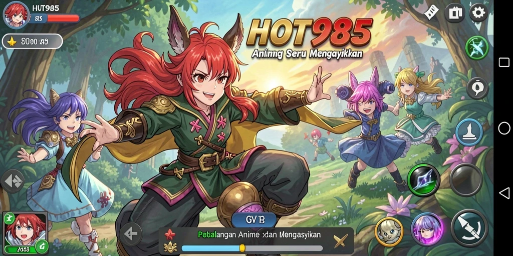 Screenshot utama HOT985 menampilkan pertarungan karakter anime yang seru.