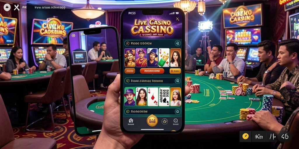 Tampilan gameplay Live Casino RK55 dengan dealer langsung dan permainan menarik.