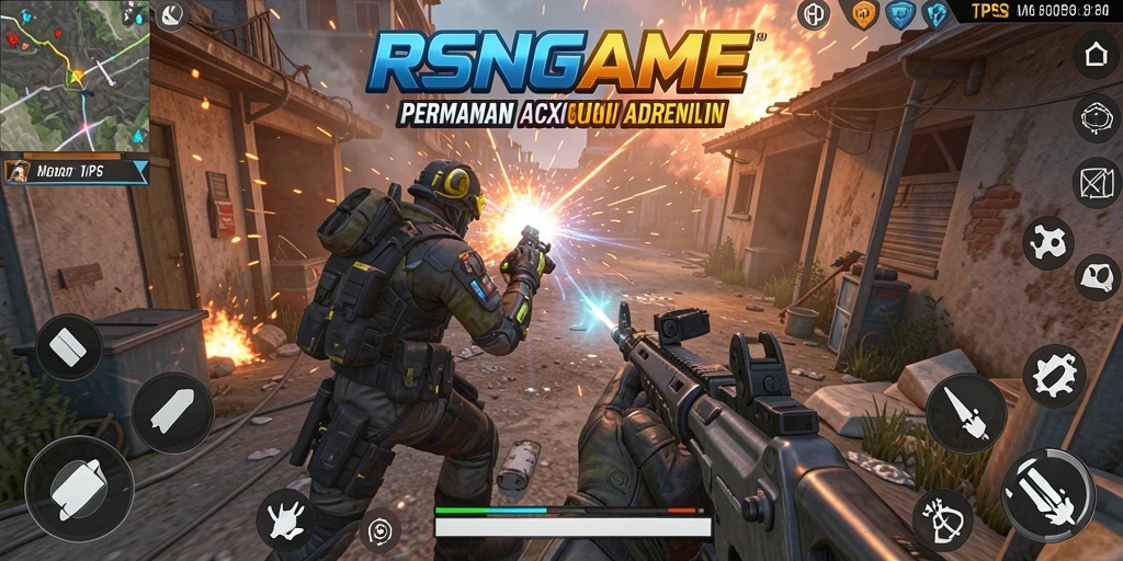 Tampilan aksi gameplay seru dari RSNGAME dengan karakter dan senjata.