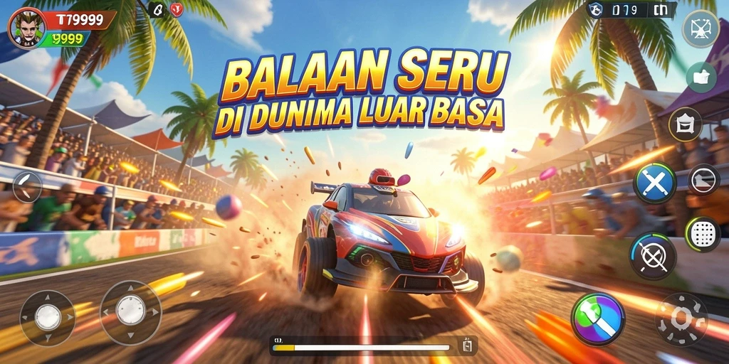 Screenshot gameplay T9999 dengan mobil balap yang melaju cepat di trek menantang.