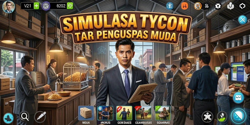 Tampilan menarik dari gameplay V21 yang menunjukkan pengelolaan bisnis.